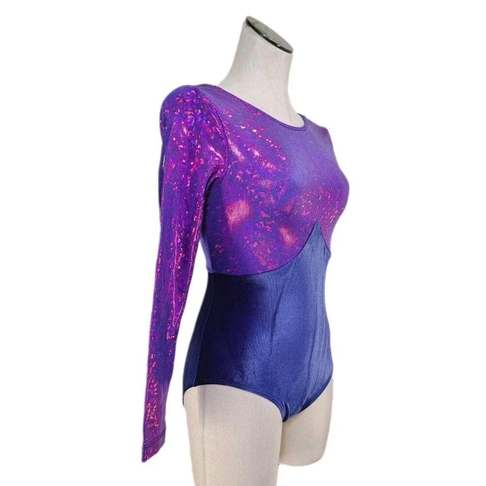 GK Elite VTG Mystique Purple Holographic LS Keyhole Leotard Blue Velvet Size AM